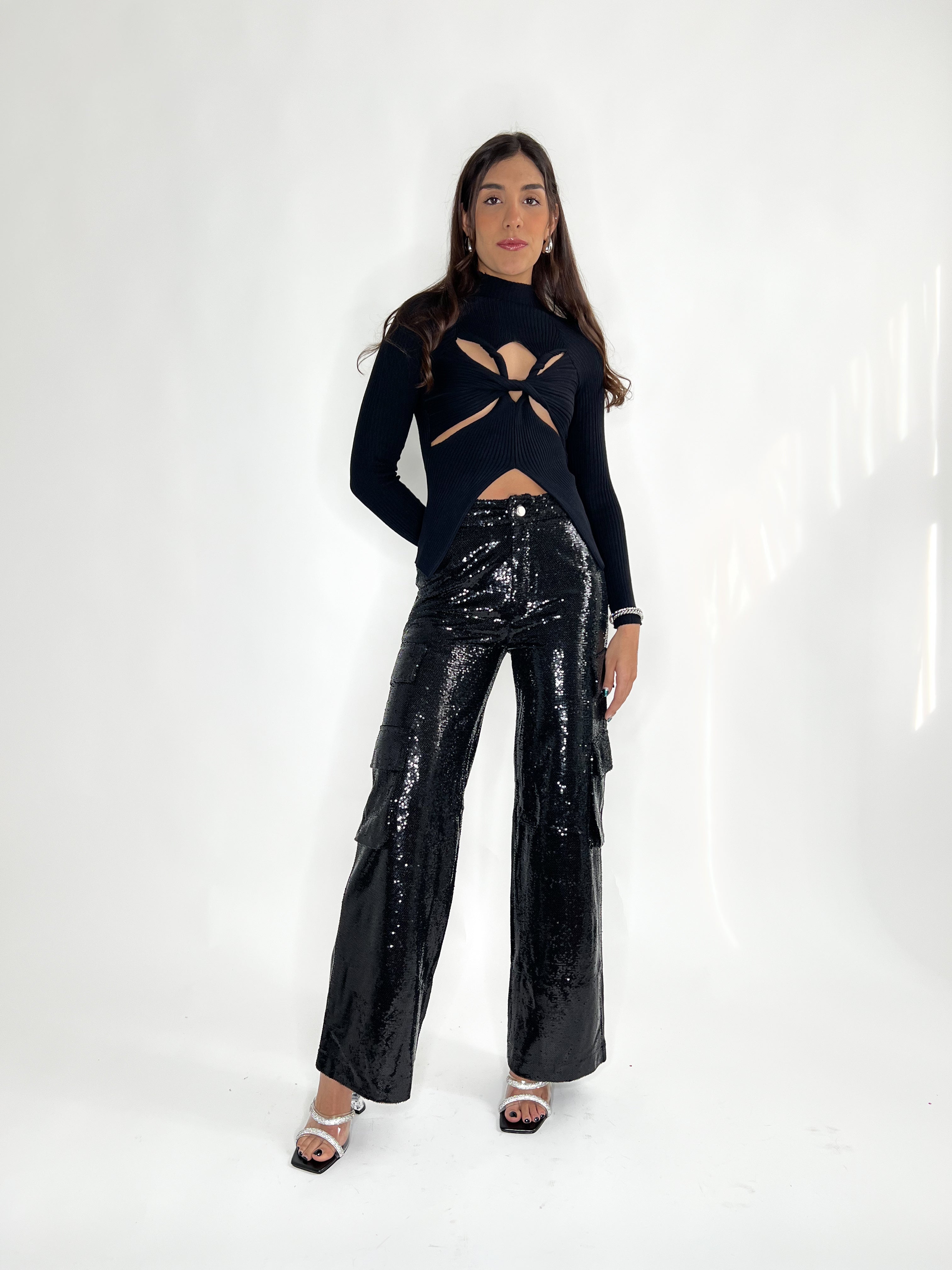 SHELBY SEQUIN CARGO PANTS - SILVER