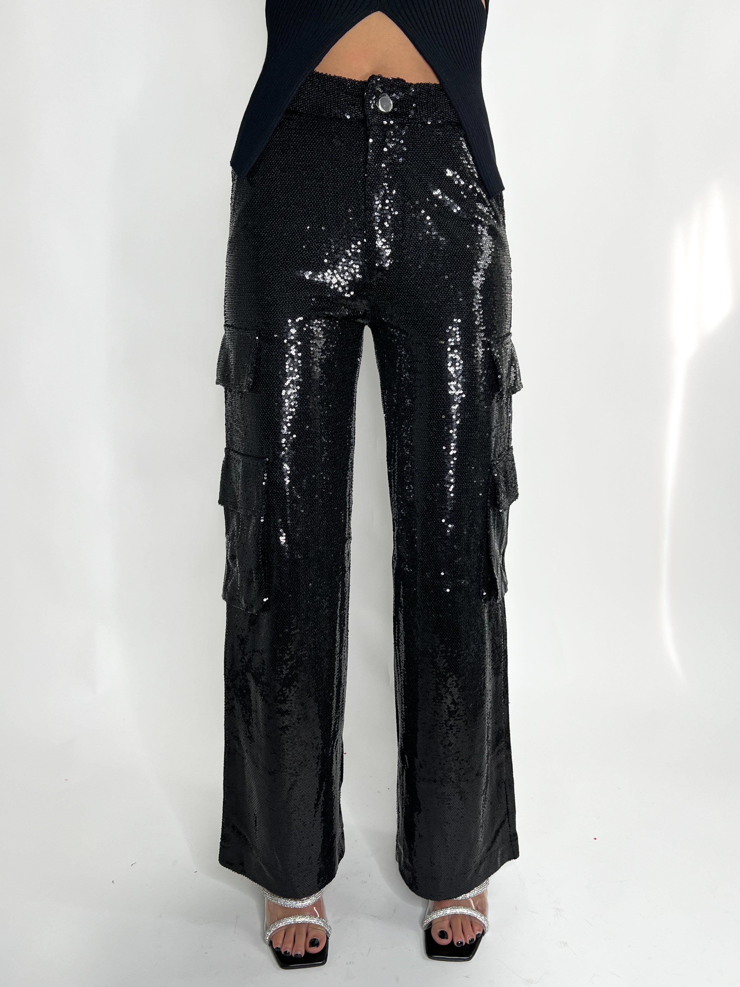 SHELBY SEQUIN CARGO PANTS - SILVER