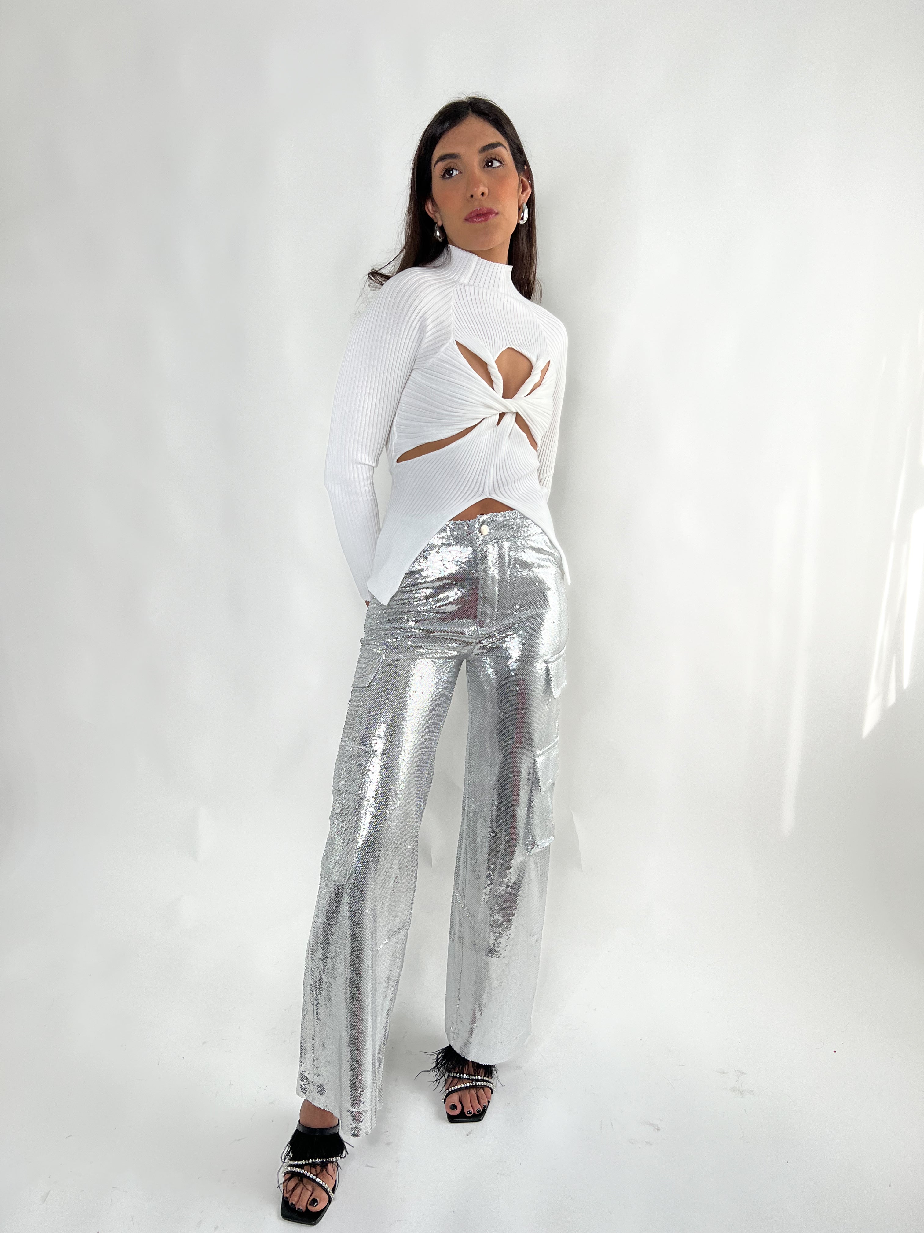 SHELBY SEQUINS CARGO PANTS - SILVER