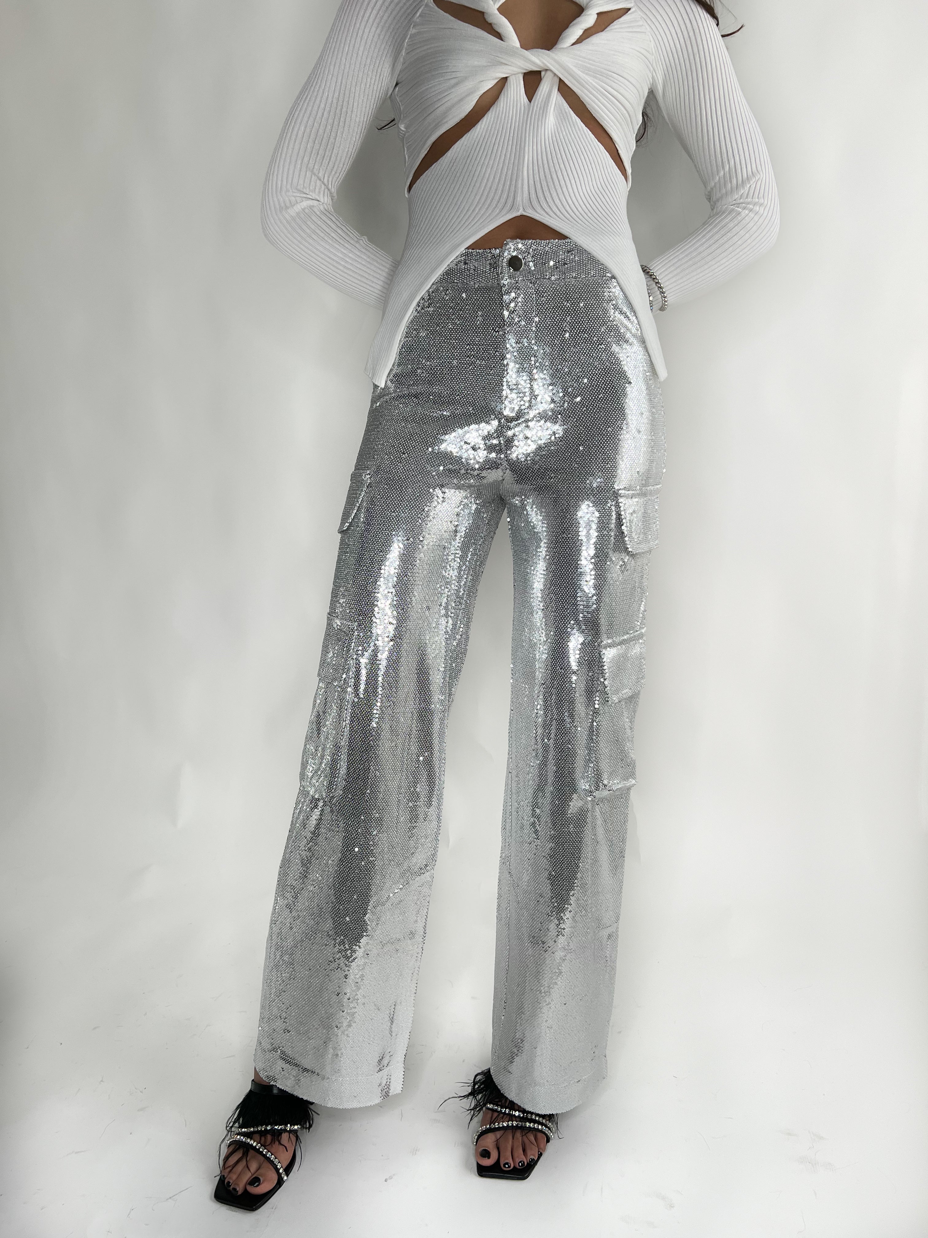 SHELBY SEQUINS CARGO PANTS - SILVER