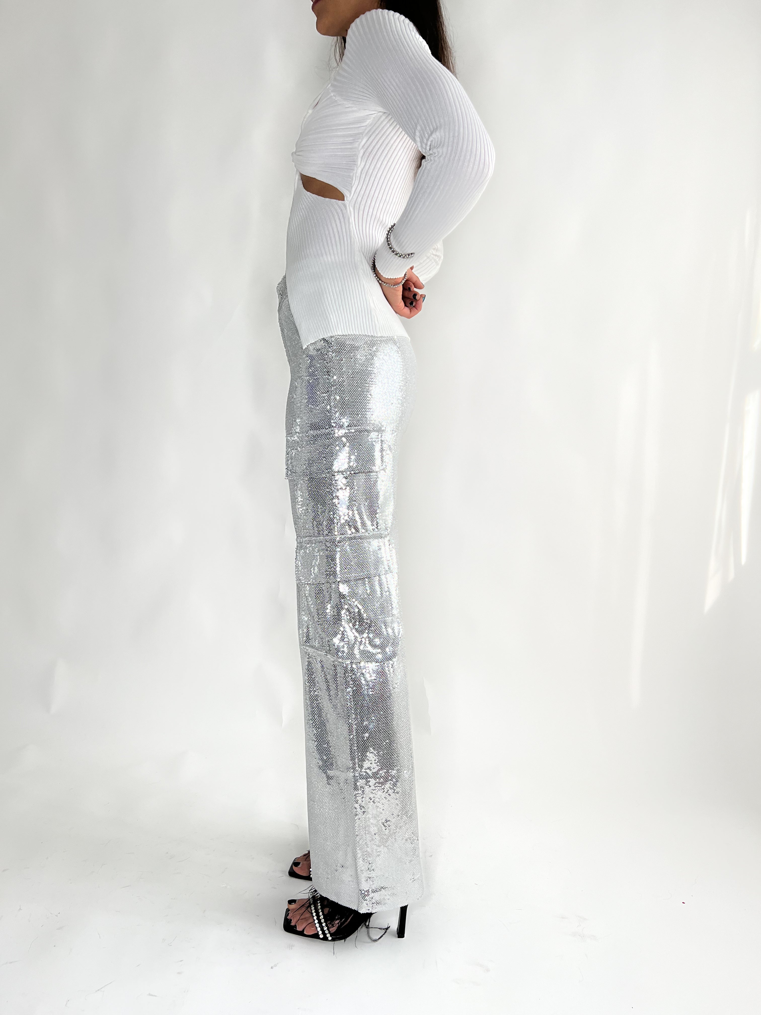 SHELBY SEQUINS CARGO PANTS - SILVER